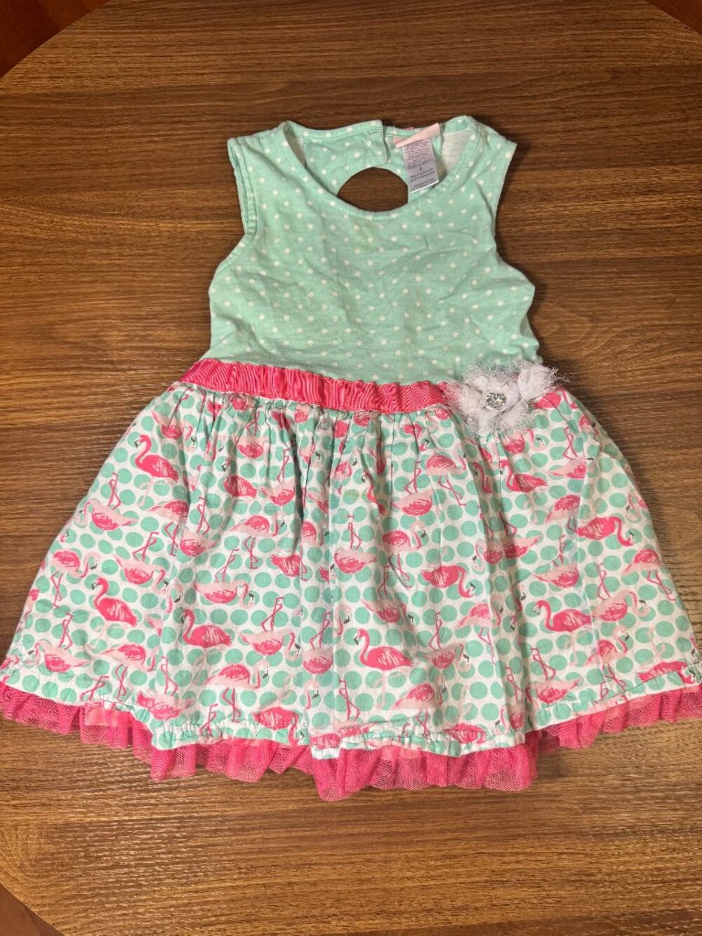 Little Lass Girls Mint Green Flamingo Polka Dot Dress Pink Tulle Trim | Size 5